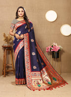 Lorenvalley Fashion Navyblue Soft Paithani Silk Woven Design Rich Meenakari Zari Weaving Pallu Saree | Grocsy