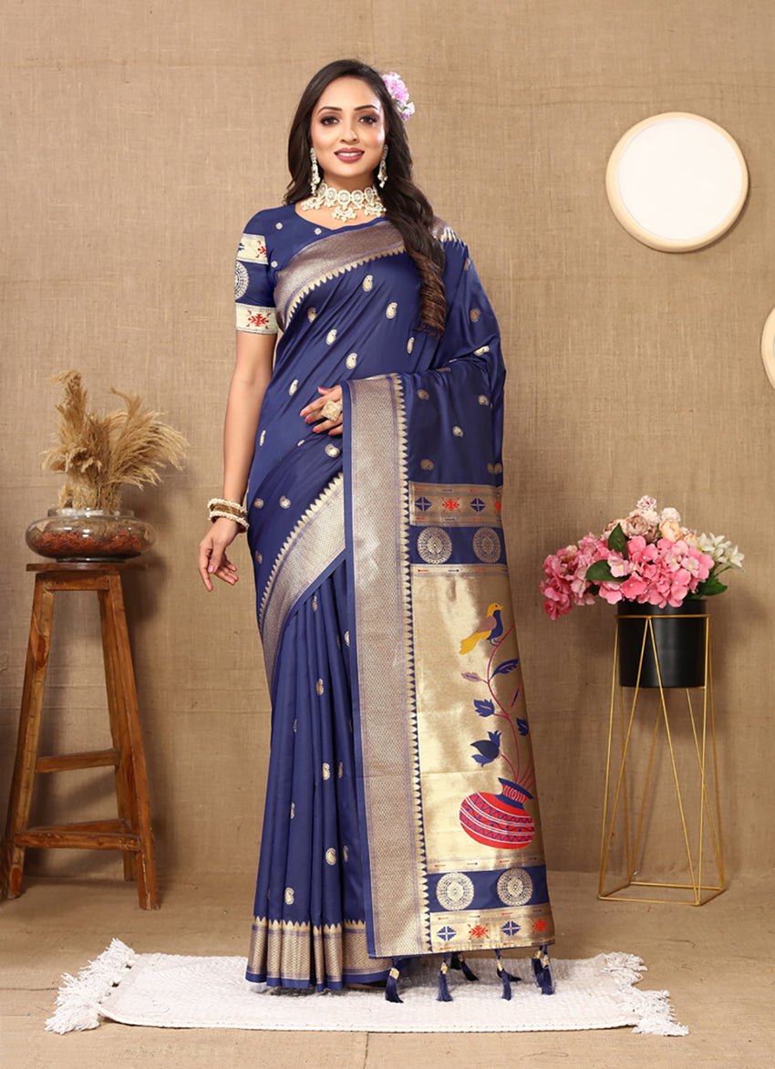 Lorenvalley Fashion Navyblue Soft Paithani Silk Woven Design Rich Zari Meenakari Weaving Saree | Grocsy