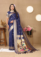 Lorenvalley Fashion Navyblue Soft Paithani Silk Woven Design Rich Zari Meenakari Weaving Saree | Grocsy