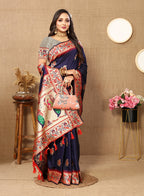 Lorenvalley Fashion Navyblue Soft Paithani Silk Woven Design Rich Meenakari Zari Weaving Pallu Saree | Grocsy