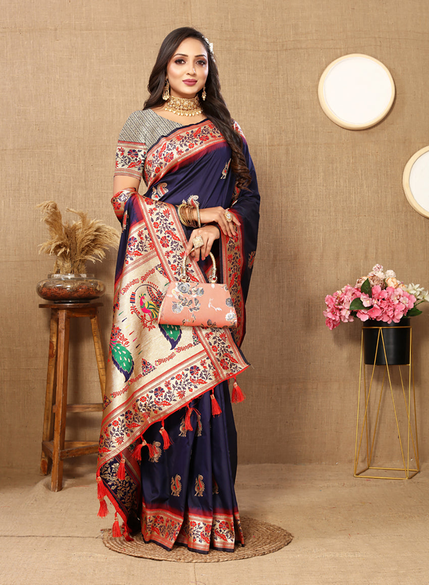 Lorenvalley Fashion Navyblue Soft Paithani Silk Woven Design Rich Meenakari Zari Weaving Pallu Saree | Grocsy
