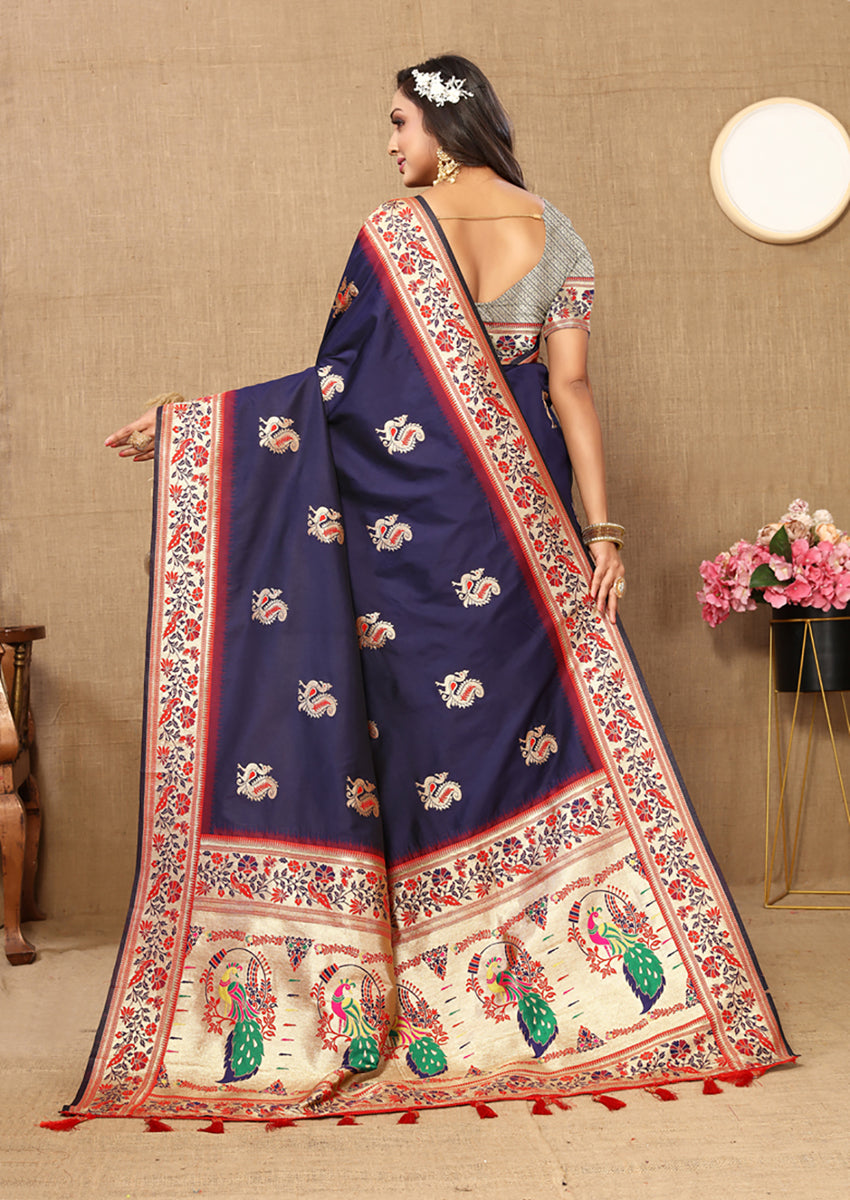 Lorenvalley Fashion Navyblue Soft Paithani Silk Woven Design Rich Meenakari Zari Weaving Pallu Saree | Grocsy