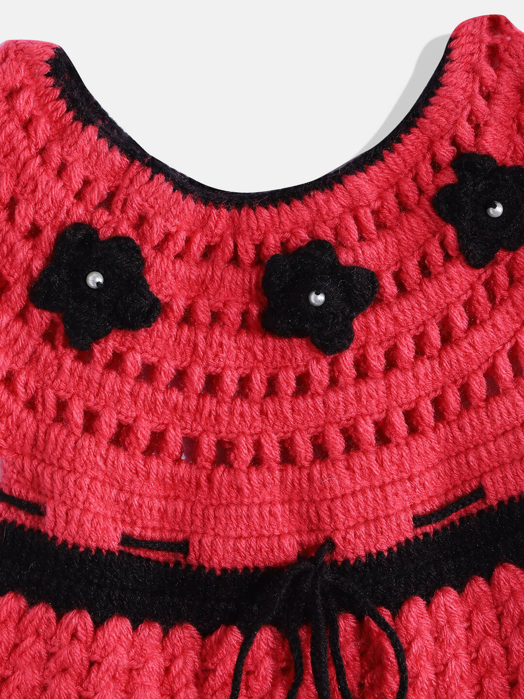 Chutput Kids Woollen Hand Knitted Short Sleeves Flower Detail Dress For Baby Girls - Pink | Grocsy