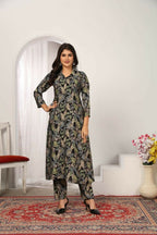 Jyoti Fashion Women's Black Chanderi Silk Floral Print with Side Pocket Kurtis & Sets | Grocsy