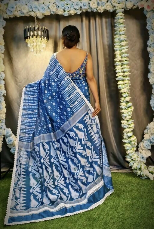 Exclusive Collection Beautiful Peacock Blue Jaal Jamdani Saree | Grocsy