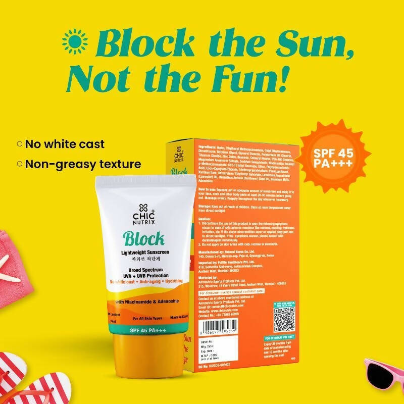 Chicnutrix Korean Block Lightweight Sunscreen SPF 45 PA+++ UVA + UVB Protection, Reduces Fine Lines And Wrinkles, Korean Skincare | Grocsy
