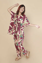 Breathables Women’S Loungewear Kaftan Cotton Wine Abstract Print Co-Ord Set | Grocsy