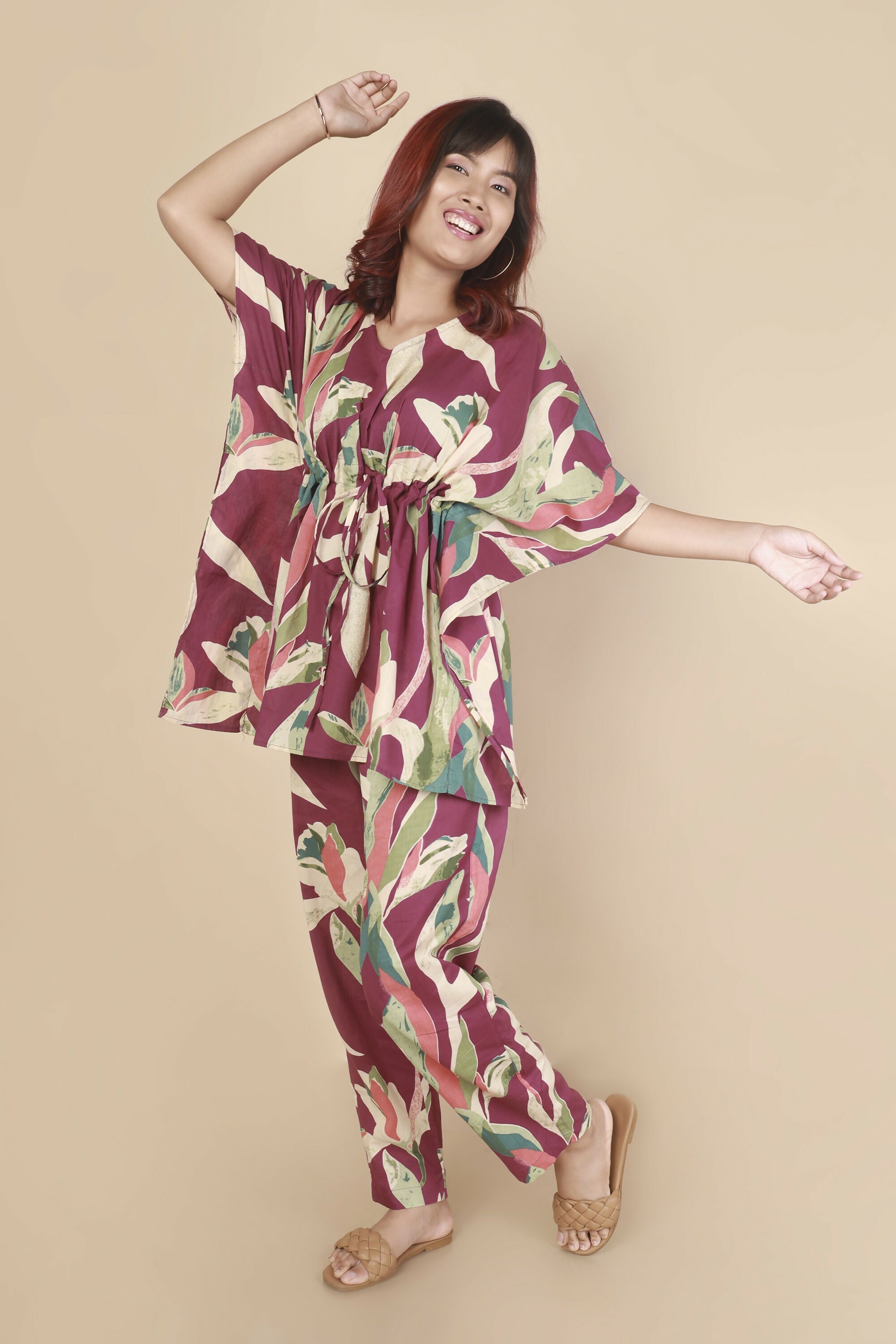 Breathables Women’S Loungewear Kaftan Cotton Wine Abstract Print Co-Ord Set | Grocsy