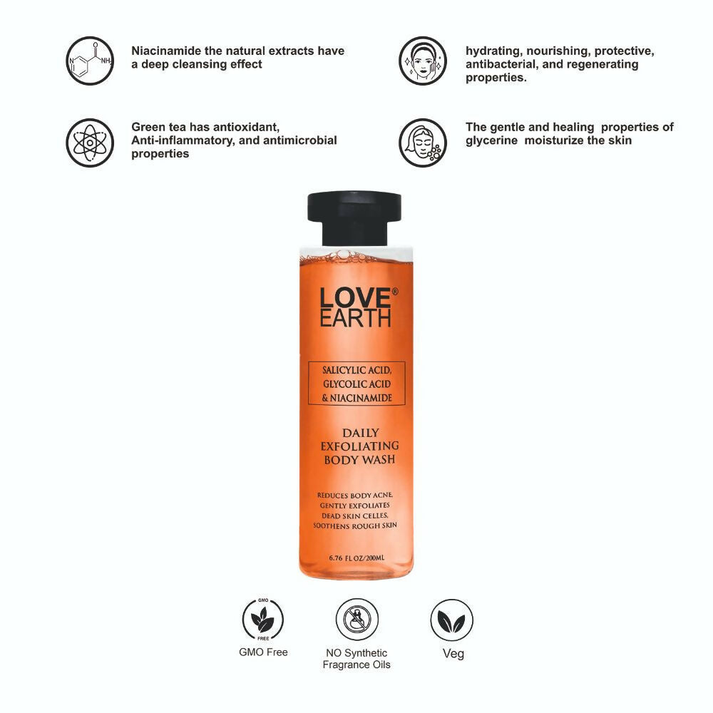 Love Earth Salicylic Acid, Glycolic Acid & Niacinamide Exfoliating Body Wash | Grocsy