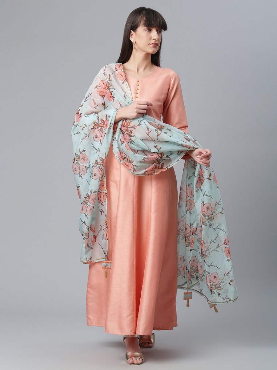 Ahalyaa Poly Silk Peach Kurta With Dupatta Set | Grocsy