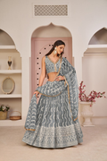 Eilara Mesmerizing Grey Butterfly Net White Cotton Thread Zari Sandwich Sequence Work Lehenga Choli For Wedding | Grocsy