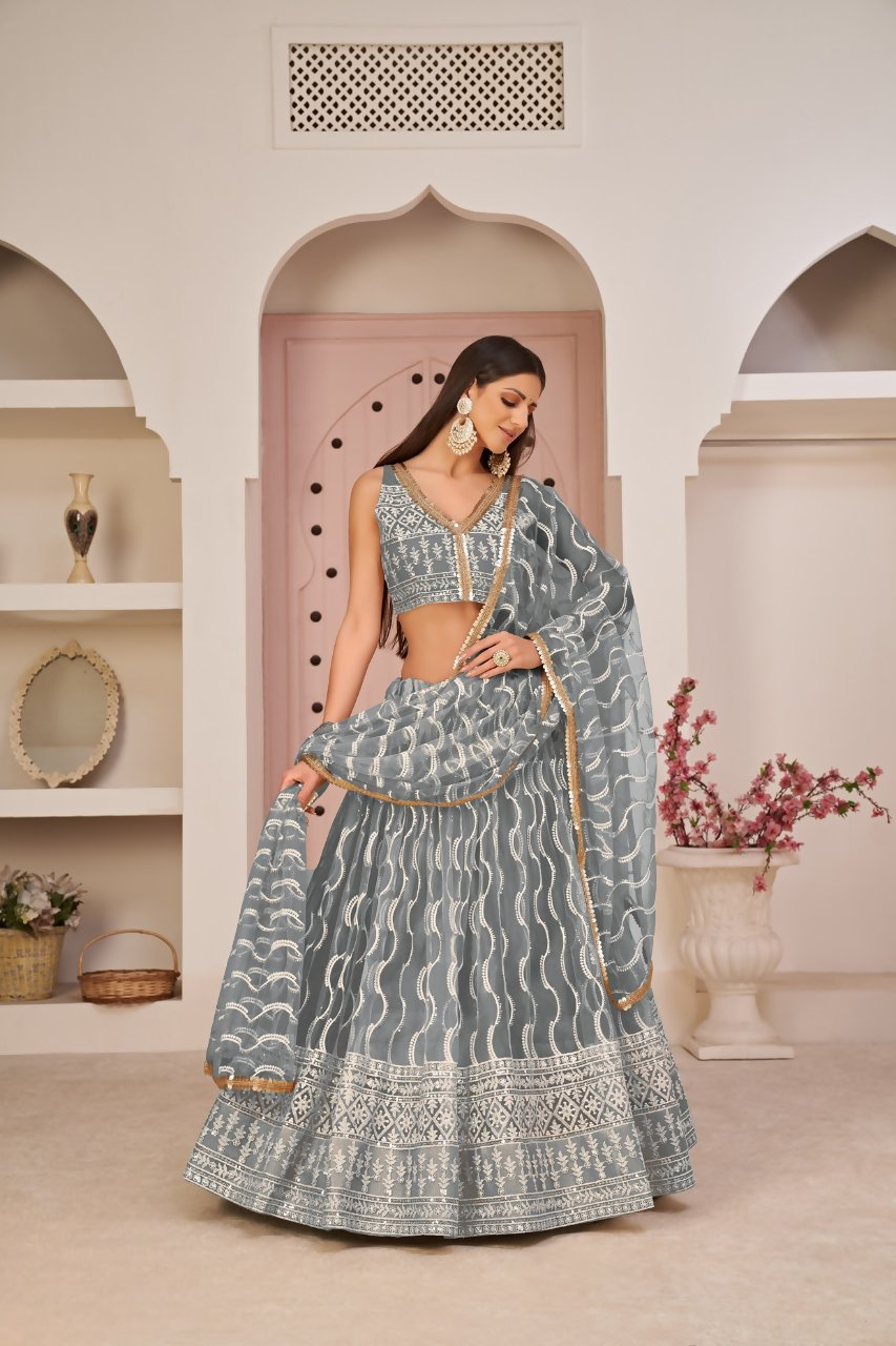 Eilara Mesmerizing Grey Butterfly Net White Cotton Thread Zari Sandwich Sequence Work Lehenga Choli For Wedding | Grocsy