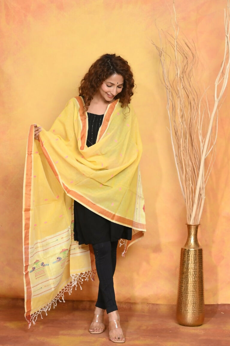 Very Much Indian Handloom Pure Cotton Paithani Dupatta - Yellow | Grocsy