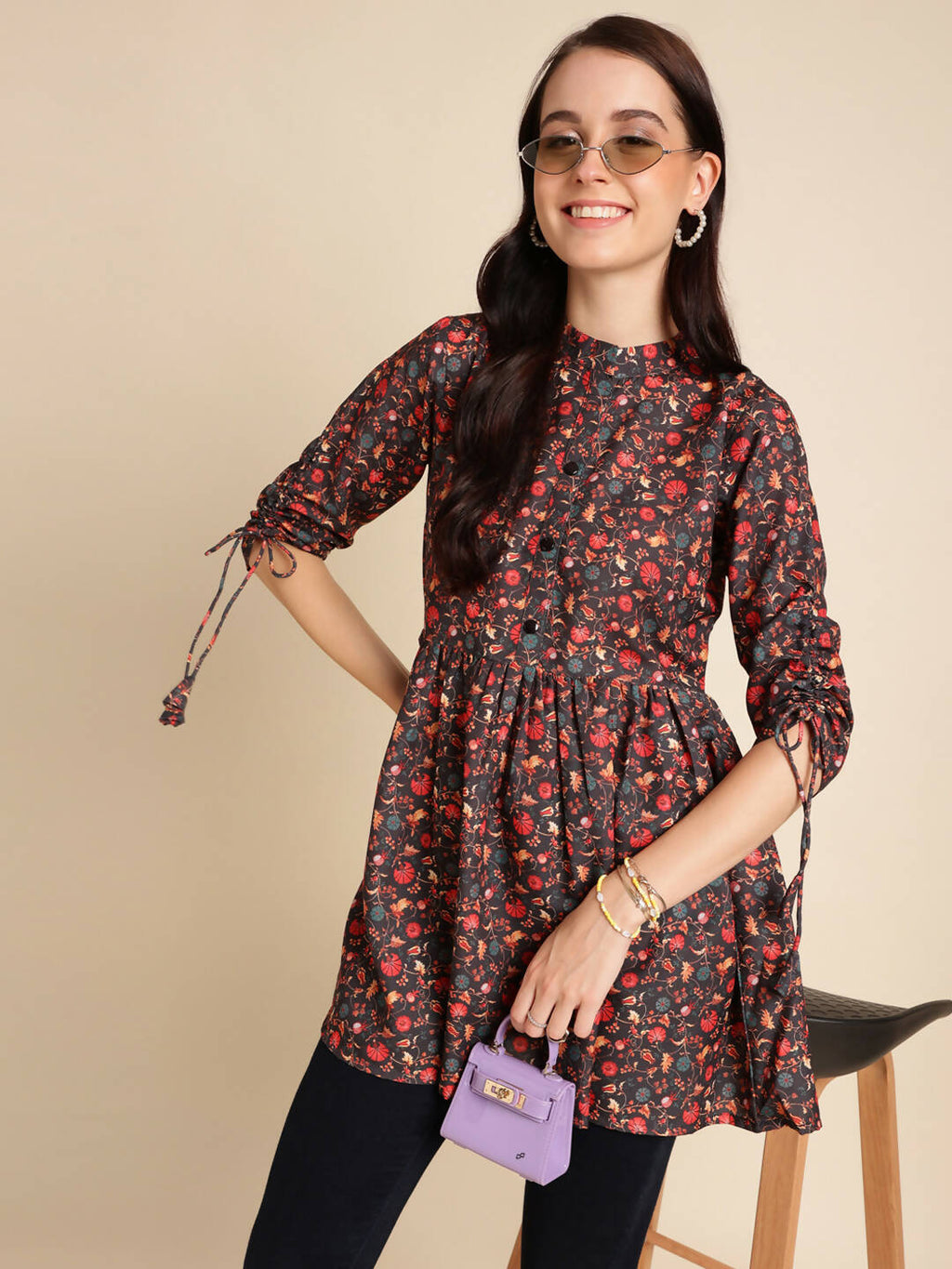 Black Poly Rayon Digital Printed A-line Top - Tarini | Grocsy