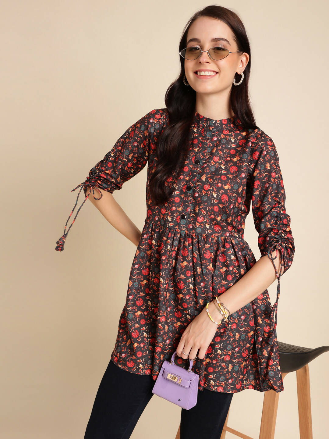 Black Poly Rayon Digital Printed A-line Top - Tarini | Grocsy