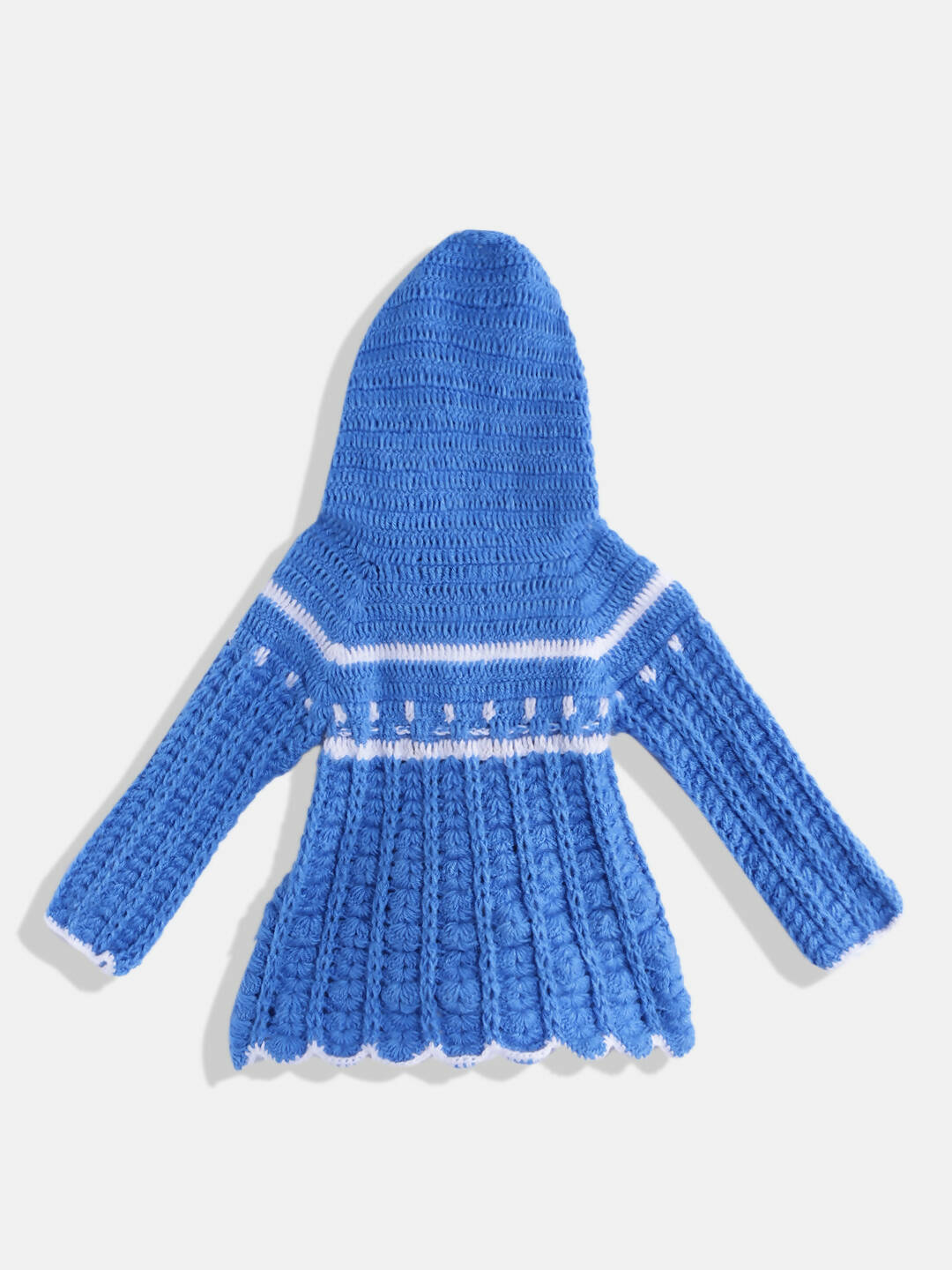 Chutput Kids Woollen Hand Knitted Full Sleeves Self Design Hood Detail Dress For Baby Girls - Blue | Grocsy