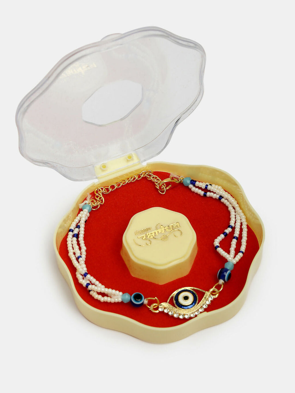 NVR Women & Men Set of 2 Blue Evil Eye Bhaiya Bhabhi Rakhi Set With Roli Chawal & Chocolate | Grocsy