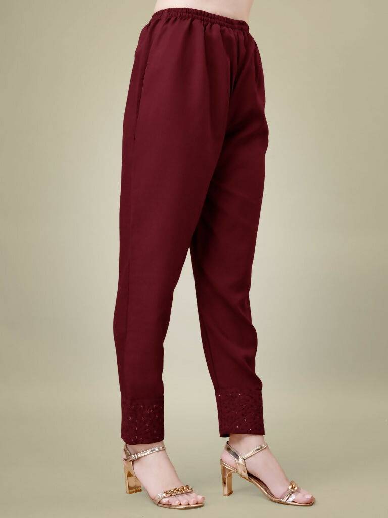 Jyoti Fashion Women's Maroon Cotton Blend Embroidery & Sequence work Kurta with Trouser & Dupatta | Grocsy