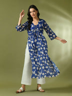 Myshka Women's Blue Printed Georgette A-Line Nyra-cut Kurta | Grocsy