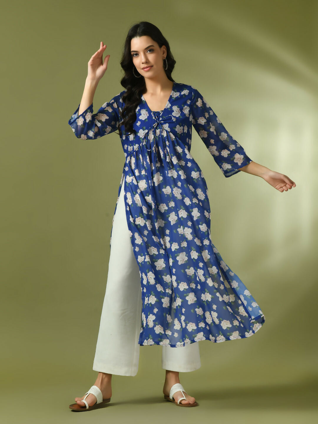 Myshka Women's Blue Printed Georgette A-Line Nyra-cut Kurta | Grocsy