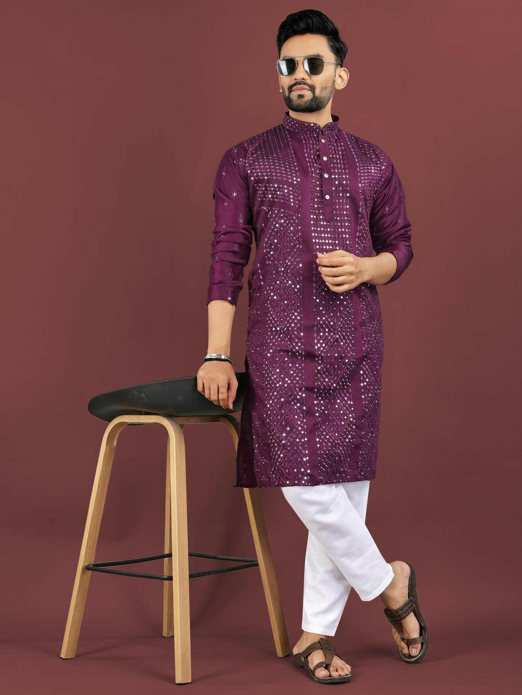 Anaita Purple Embroidered Silk Straight Kurta | Grocsy