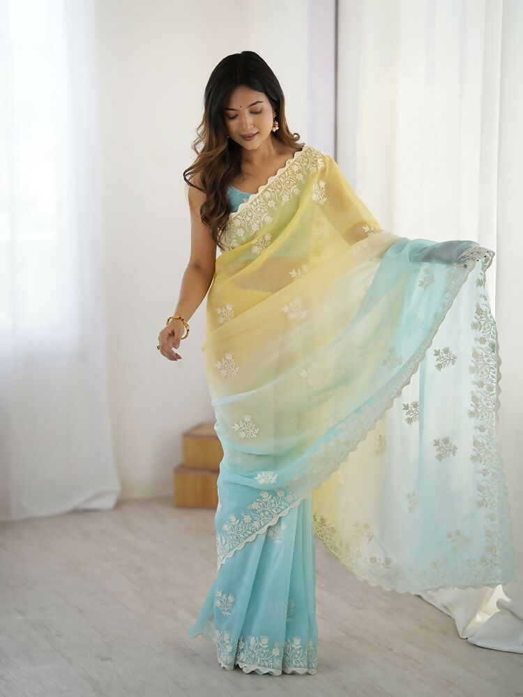 Yellow Crunchy Silk Embroidery Work Party Wear Saree - Lakshita | Grocsy