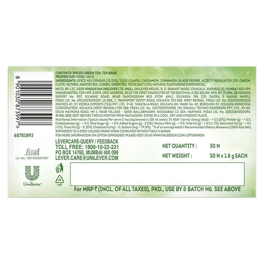 Lipton SipNDigest With Tulsi & Rock Salt Ginger Green Tea Bags | Grocsy