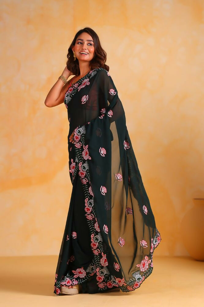 Vamsee Annie Dark Green Georgette Silk Saree | Grocsy