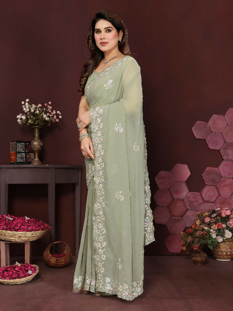 PR Fashion Pista Georgette Embroidery Work With Embroidery Work Blouse Saree | Grocsy