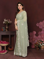 PR Fashion Pista Georgette Embroidery Work With Embroidery Work Blouse Saree | Grocsy
