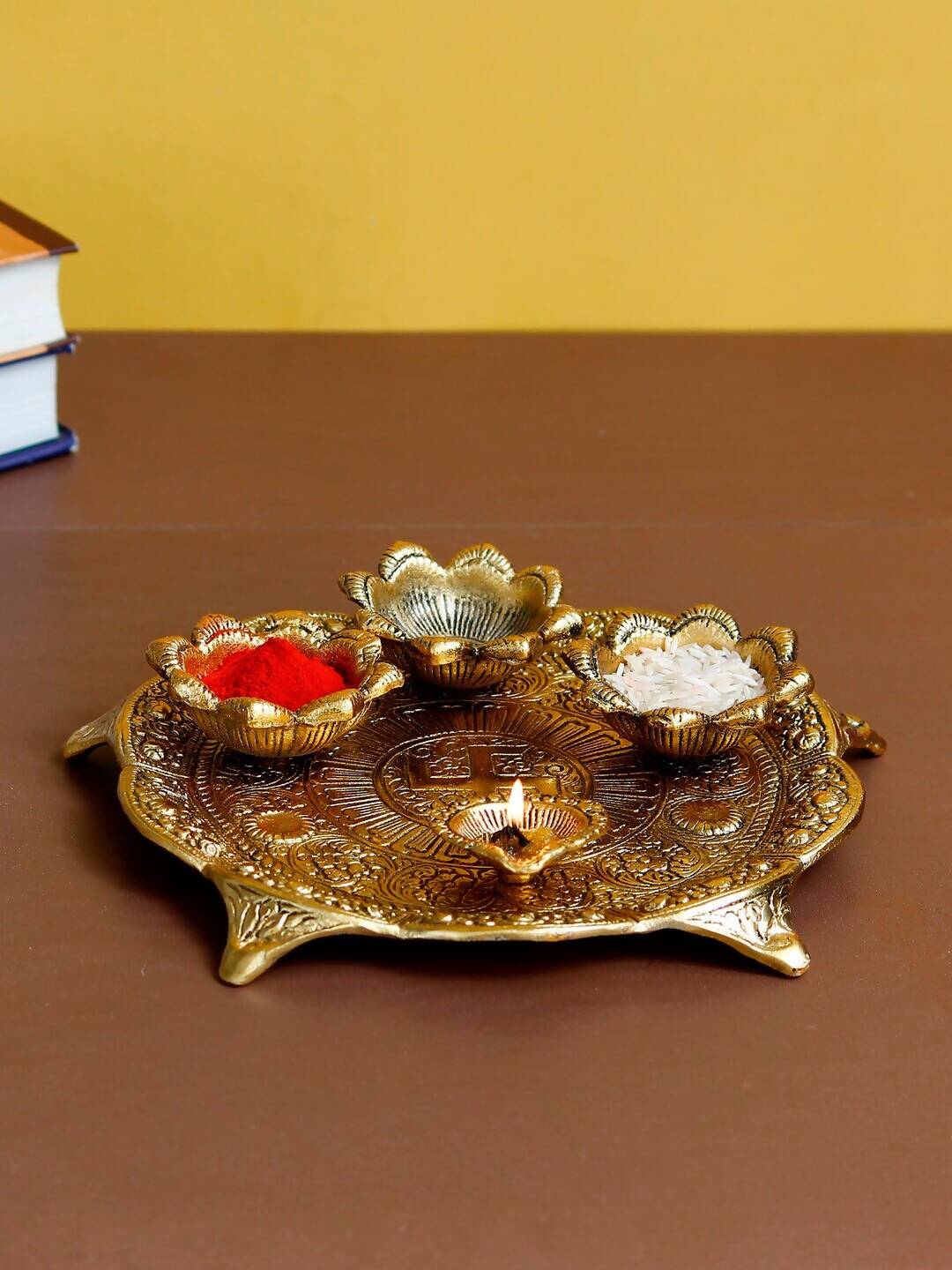 eCraftIndia Gold-Toned Swastik Pooja Thali Bowl & Diya Showpiece | Grocsy