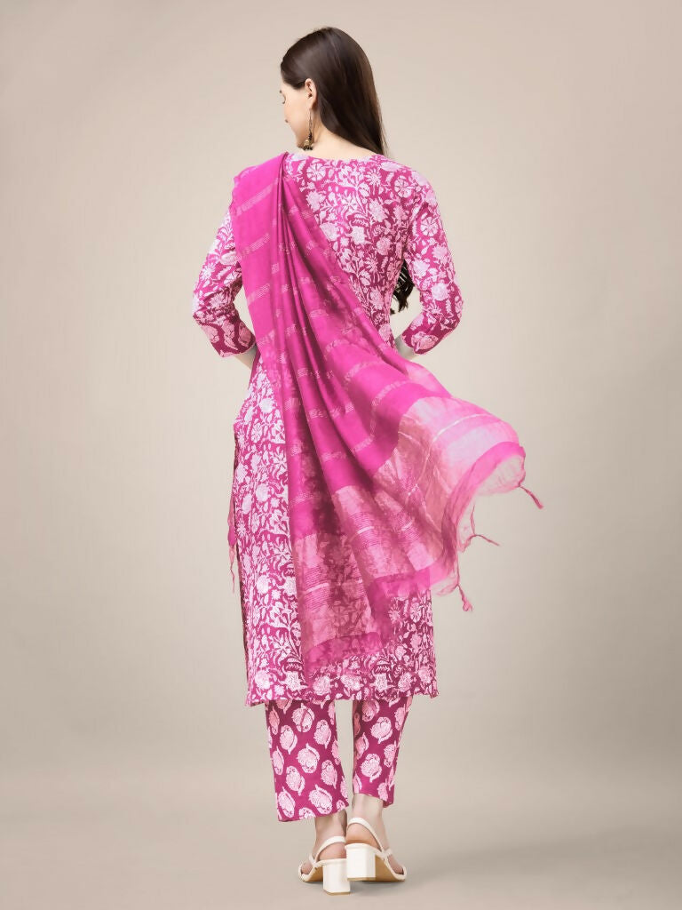 Jyoti Fashion Women's Pink Rayon Print with Embroidery & Fancy Lace Work Kurta with Trouser & Dupatta | Grocsy