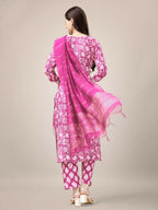 Jyoti Fashion Women's Pink Rayon Print with Embroidery & Fancy Lace Work Kurta with Trouser & Dupatta | Grocsy
