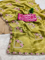Teeya Creation Olive Color Pure Paper Silk Heavy Embroidery Work Wedding Wear Saree | Grocsy