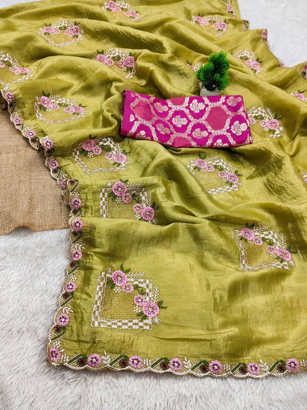Teeya Creation Olive Color Pure Paper Silk Heavy Embroidery Work Wedding Wear Saree | Grocsy