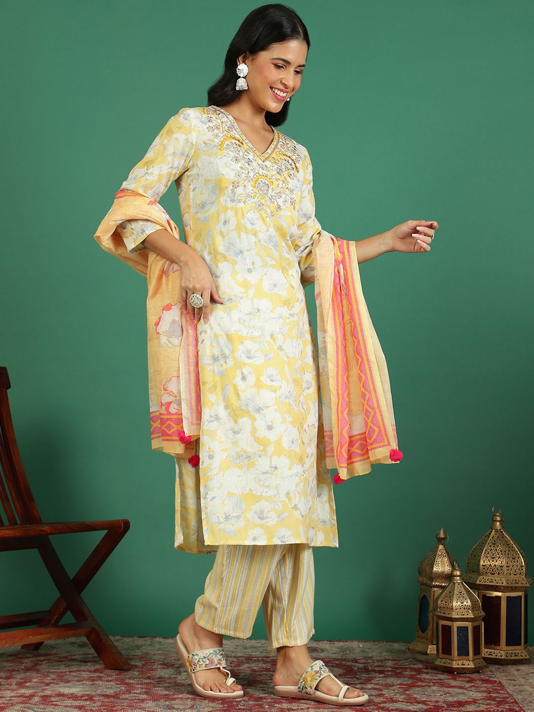 Sangria Printed With Embroidered Kurta With Trousers & Dupatta | Grocsy