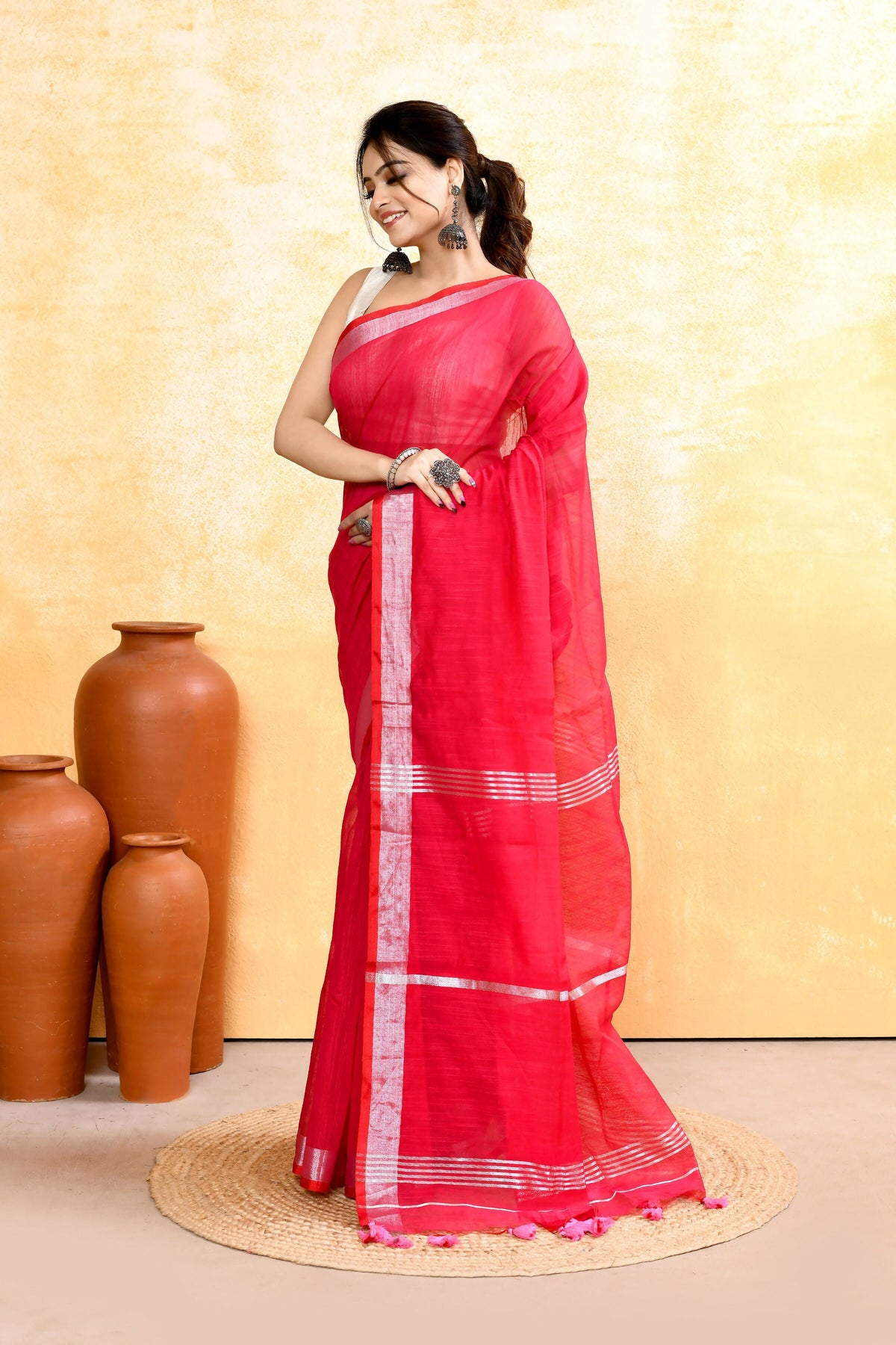 Piyari Fashion Women's Rani Pink Embellished Cotton Blend Zari Border Handloom Saree | Grocsy