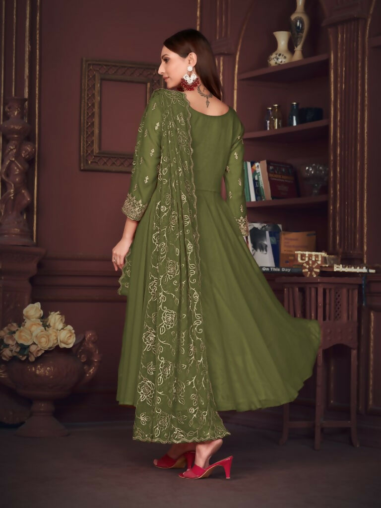 Jyoti Fashion Women's Olive Green Georgette Embroidered Anarkali Kurta Pant Set With Dupatta | Grocsy