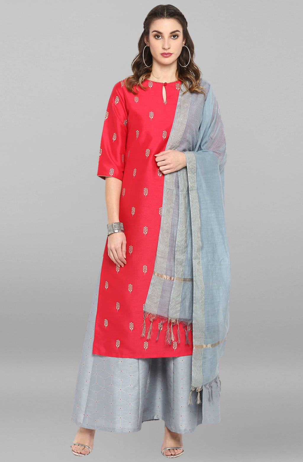 Janasya Women's Blue Cotton Floral Print Top With Palazzo | Grocsy