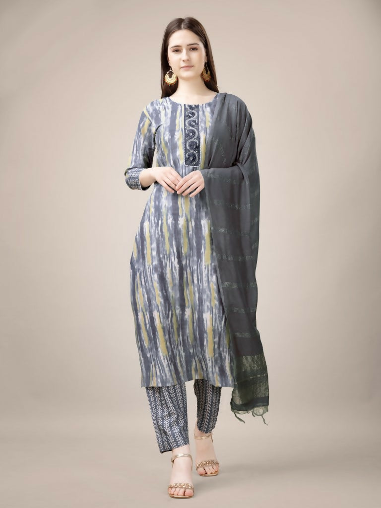 Jyoti Fashion Women's Grey Rayon Print with Embroidery & Fancy Lace Work Kurta with Trouser & Dupatta | Grocsy