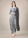 Jyoti Fashion Women's Grey Rayon Print with Embroidery & Fancy Lace Work Kurta with Trouser & Dupatta | Grocsy