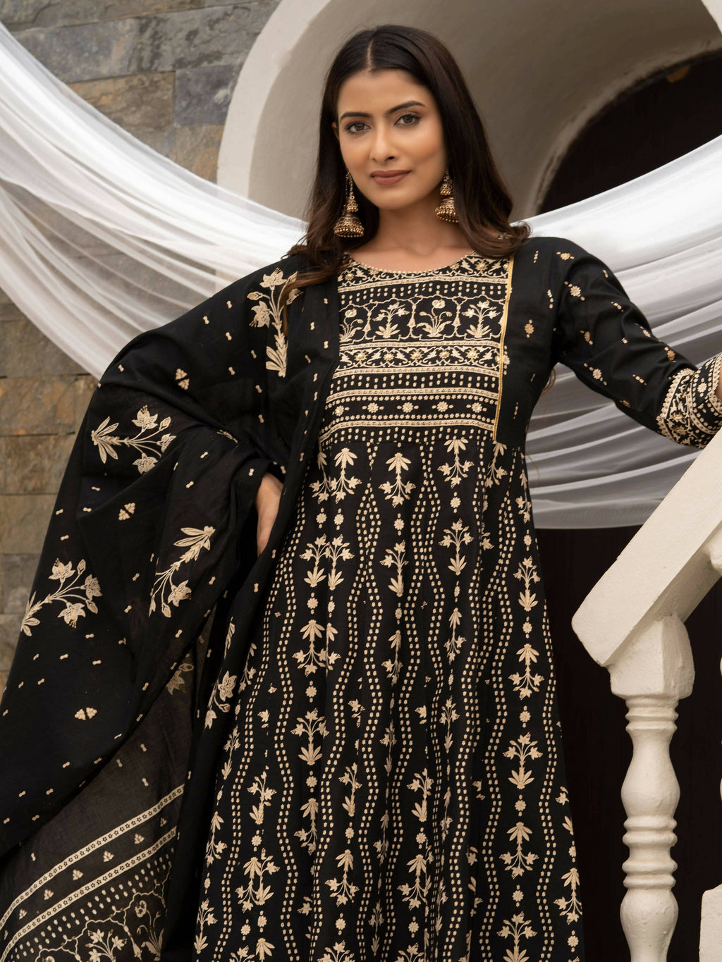 Black Cotton Cambric Printed with Sequins work Anarkali Kurta with Pant & Dupatta - Akashara | Grocsy