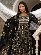 Black Cotton Cambric Printed with Sequins work Anarkali Kurta with Pant & Dupatta - Akashara | Grocsy