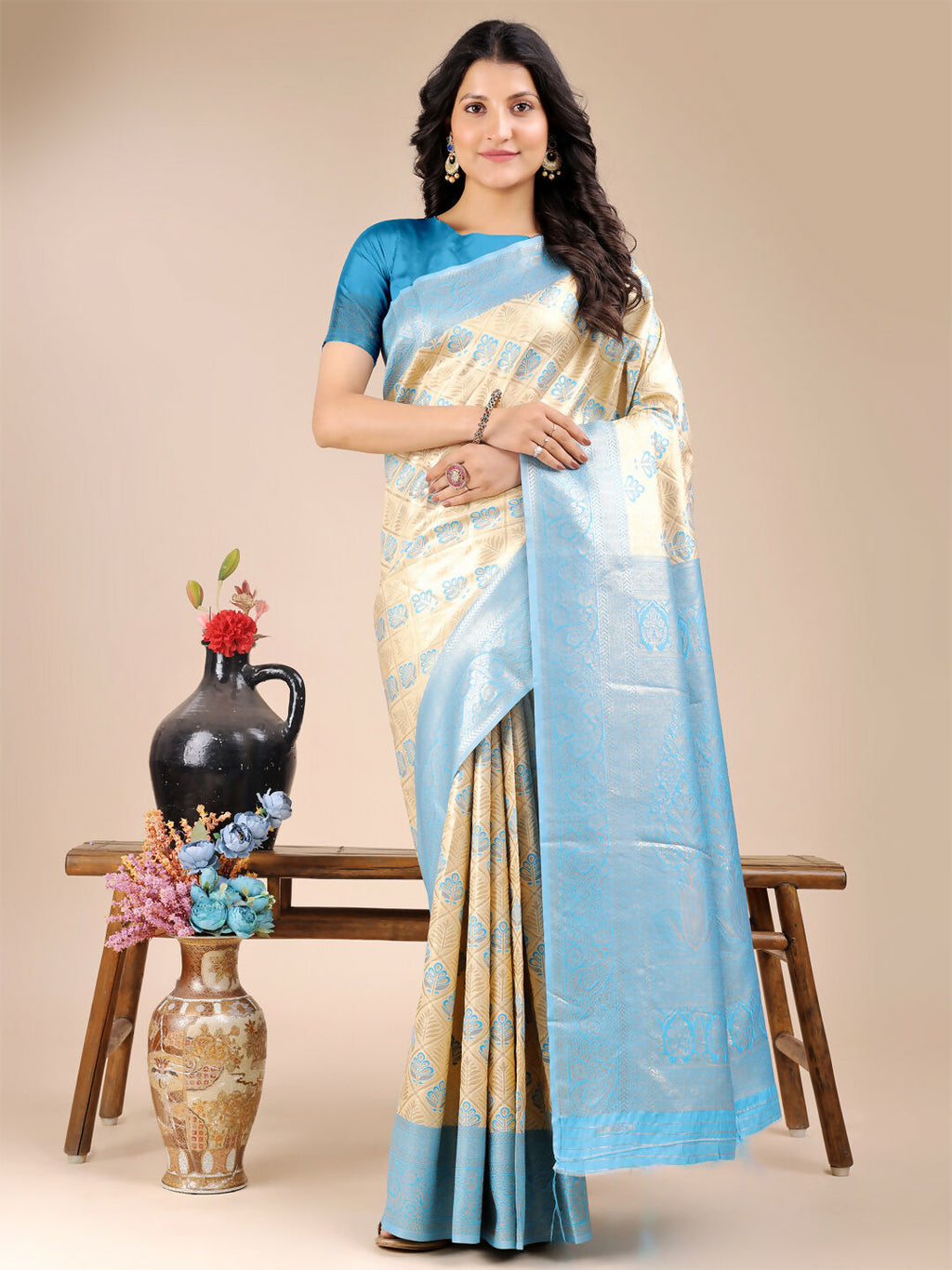 Shree Shyam Fashion Aura Silk Cream Sky Blue Banarasi Silk Saree | Grocsy