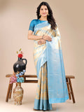 Shree Shyam Fashion Aura Silk Cream Sky Blue Banarasi Silk Saree | Grocsy