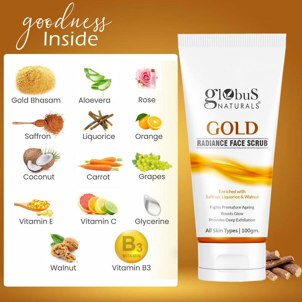 Globus Naturals Gold Radiance Anti Ageing & Brightening Face Scrub | Grocsy