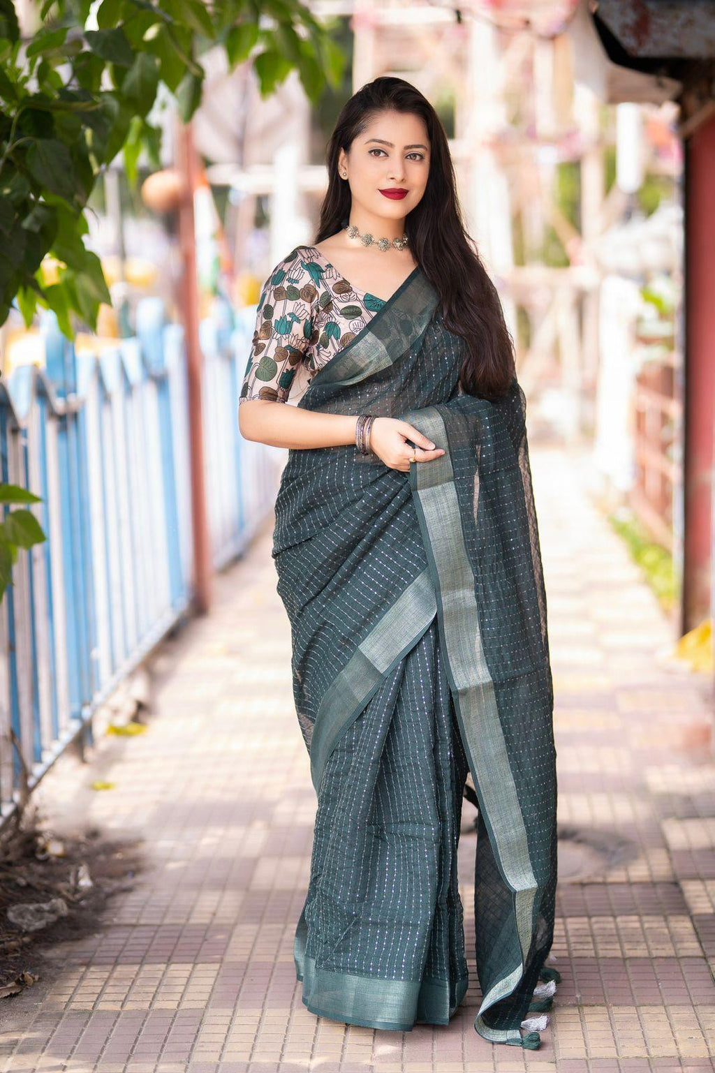 Green Linen Sequence Saree with Unstitched Blouse - Hiral Fashion | Grocsy