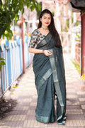 Green Linen Sequence Saree with Unstitched Blouse - Hiral Fashion | Grocsy