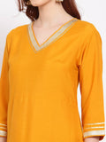 Myshka Women's Yellow Printed Silk Blend 3/4 Sleeve V Neck Casual Kurta Dupatta Set | Grocsy