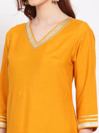 Myshka Women's Yellow Printed Silk Blend 3/4 Sleeve V Neck Casual Kurta Dupatta Set | Grocsy